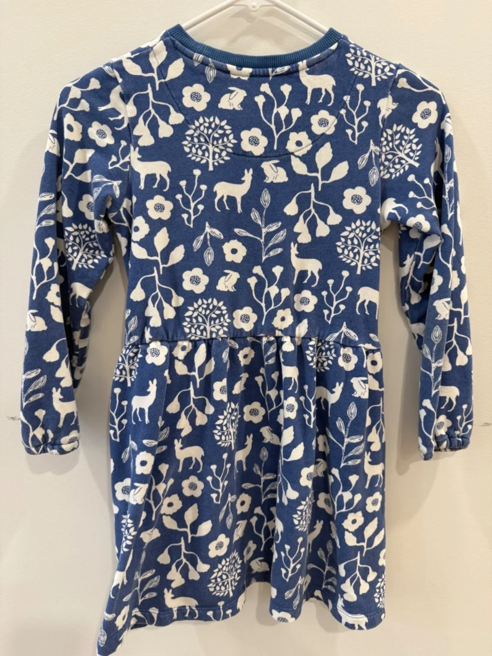 Mini Boden - Blue & White Woodland Floral Minna Sweatshirt Dress, Size 8-9y